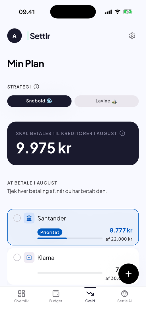 Min Plan-skærmen med snebold- og lavine-strategi og månedens betalinger.